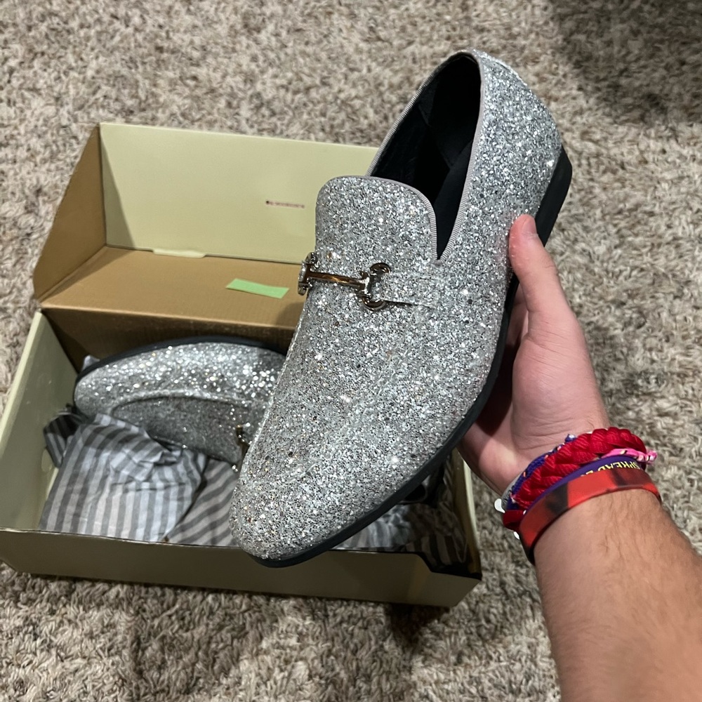 COPY - Mens Slipper Metallic Sparkling Glitter Tuxedo Slip on Dress Shoes Loafe…